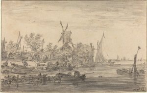 Scène de rivage avec moulin à vent
