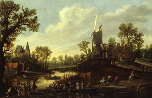 French : Paysage fluvial avec ferry River Landscape with a Ferry