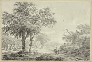 Homme et garçon marchant sur une route de village - Jan van Goyen