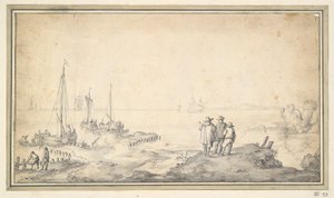 Trois figures sur une dune surplombant une baie avec des navires - Jan van Goyen