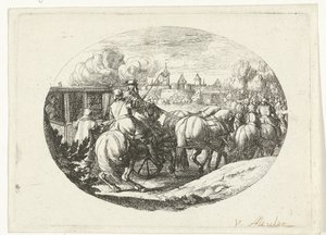 Armée et carrosses entrant dans la ville