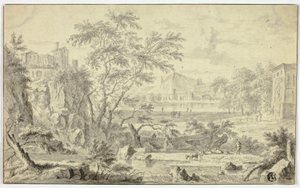 Paysage italianisant avec berger et troupeau près d
