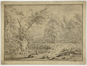 Paysage avec bergers près de la rivière et homme à cheval - Jan van Huysum