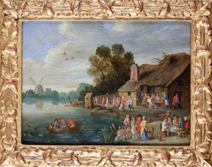 Paysage fluvial avec des gentilshommes à une auberge de village
