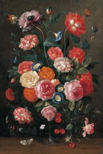 Roses, œillets, gloire du matin, un coquelicot et une branche de cerises dans un vase en verre, un mur brun, une pointe orange, un amiral rouge et un papillon magpie sur une table, 1676 - Jan van Kessel