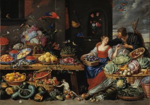 Marché de fruits et légumes avec une jeune vendeuse de fruits - Jan van Kessel d.Æ.