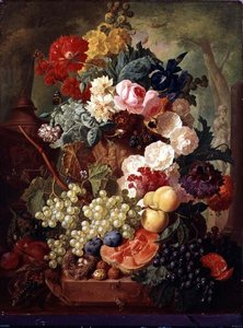 Roses, un iris et un coquelicot