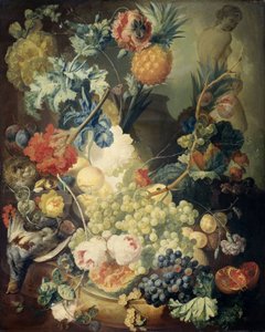 Nature morte avec fleurs, fruits et oiseaux