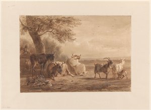 Bétail sous un arbre et un homme avec un panier - Jan van Ravenswaay