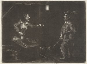 Scène nocturne avec vendeuse de poissons et un homme urinant - Jan van Somer