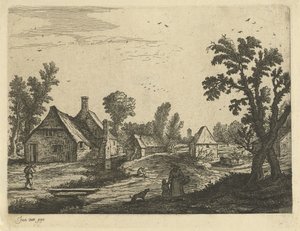 Vue de village avec femme et enfant dans la rue du village - Jan van de Cappelle (attributed to)