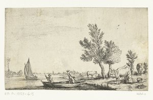 Paysage fluvial avec deux hommes dans une barque