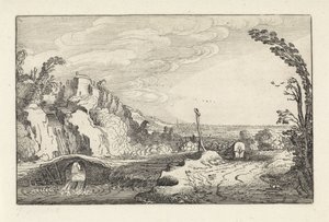 Chariot couvert sur un chemin dans un paysage fluvial montagneux (Landschappen, Amenissimae aliquot requculae) - Jan van de Velde (II)