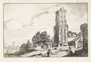 Paysage avec un clocher en ruine