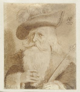 Homme avec col en fourrure, chapeau et bâton - Jan van de Velde (II)