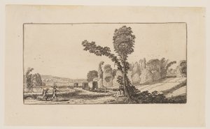 Paysage avec chasseurs et charrettes à foin, extrait de Six paysages - Jan van de Velde II