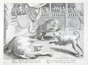 Alexandre le Grand met en scène un spectacle, un combat de lion, chien et éléphant, illustration de 