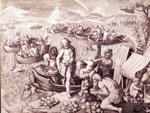 Pêche aux huîtres. 17ème siècle. Gravure de Giovanni Stradano (Jan Van Der Straet) (Johannes Stradanus) (1523-1605) - Jan van der Straet