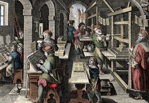 Imprimerie, vers 1600 - Hollande, Impression : à gauche, les caractères utilisent des caractères, les différentes étapes de la préparation de l