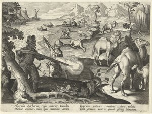Des marins dans un pays barbare tuent des chameaux avec des mousquets pour soulager leur faim, illustration de 