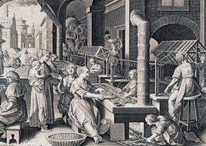 Vermis sericus, femmes filant la soie et chauffant des vers à soie sur le feu, gravure de Stradanus (1523-1605), Italie - Jan van der Straet