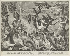 Capture de serpents en Inde utilisant des bâtons et des torches pour éclairer la broussaille, planche 44 de Venationes Ferarum, Avium, Piscium (De la chasse: bêtes sauvages, oiseaux, poissons) pub. 1640 - Jan van der 1523 1605 Straet