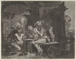 Joueurs de cartes et un homme urinant