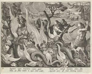Capture de serpents en Inde utilisant des bâtons et des torches pour éclairer les sous-bois, gravure publiée en 1640 - Jan van der Straet