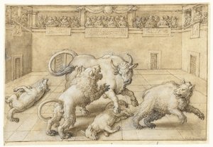 Combat dans une arène entre un taureau, un lion, un ours et deux loups