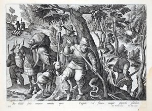 Les chasseurs utilisent des lances ou des fusils chargés de plomb pour chasser le sanglier des montagnes, illustration de 
