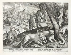Les Indiens tirent des flèches sur des lions qui ont capturé des singes dans leur bouche, illustration de 