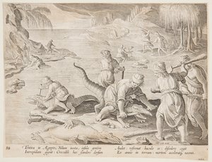 Chasse au crocodile à Tentyra, en Égypte, planche 30 de la série Venationes Ferarum, Avium, Piscium - Jan van der Straet, called Stradanus