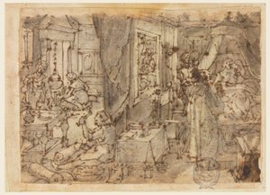 Découverte du gaïacum comme remède contre les maladies vénériennes, conception pour "Hyacum et lues venerea," planche 6 de la série d