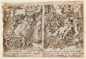 Page de carnet de croquis ; Pouvoirs célestes aidant les pieux ; Croquis pour portrait de saint ; Décoration de fronton