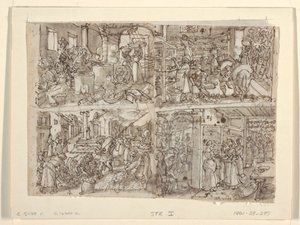 Recto : Quatre dessins préliminaires pour la série d