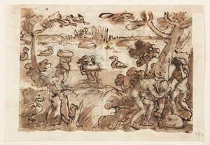 Recto : Chasse aux canards avec des citrouilles aux Antilles ; Verso, en haut : Chasse au crocodile dans le Nil ; Verso, en bas : Chasse aux tigres avec des pièges et des miroirs - Jan van der Straet, called Stradanus