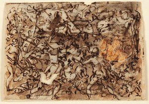 Recto : "Indiens" au Mexique chassant en utilisant des torches pour enfumer les animaux ; Verso : Saint Jacques à cheval, défaisant les Sarrasins à Clavijo - Jan van der Straet, called Stradanus