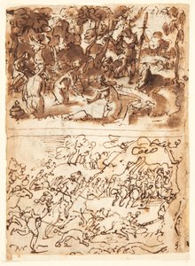 Recto, en haut : Diane et Actéon ; Recto, en bas : Chasse au sanglier ; Verso, en haut : études de deux têtes masculines ; Verso, en bas : Rencontre d