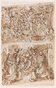 Recto, en haut : Jeune Saint Jean-Baptiste guidé par des Anges dans le Désert; Recto, en bas : Sacra Conversazione avec les Saintes Barbara et Catherine; Verso, en haut : Crucifixion; Verso, en bas : Christ guérissant des paralytiques près de la piscine de - Jan van der Straet, called Stradanus