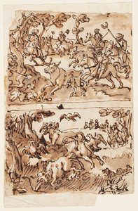 Page de carnet de croquis avec chasses au taureau - Jan van der Straet, called Stradanus
