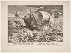 Trois navires entourés de monstres
