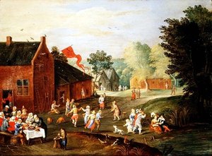 Paysans festoyant dans un village - Jan van the Elder Kessel