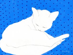 Chat blanc sur bleu à pois, c.2024 - Janel Bragg