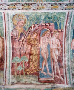 Église fortifiée de Hrastovlje, Église de la Trinité, Adam et Ève expulsés du Paradis (1490) (détail)