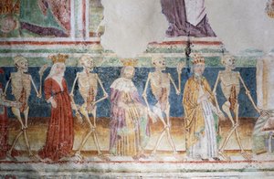 Église fortifiée de Hrastovlje, Église de la Trinité, La Mort accompagnant le Pape et la Reine, Danse macabre (1490), détail des fresques de Janez Iz Kastva, Slovénie