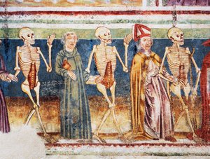 Église fortifiée de Hrastovlje, Église de la Trinité, La Mort accompagnant un évêque et un moine, Danse macabre (1490), détail des fresques de Janez Iz Kastva, Slovénie - Janez Kastav