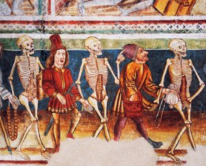 Église fortifiée de Hrastovlje, Église de la Trinité, La Mort accompagnant un marchand et un riche banquier, Danse macabre (1490), détail des fresques de Janez Iz Kastva, Slovénie - Janez Kastav