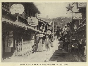 Scène de rue à Nagasaki, avec des Jinrikishas à droite