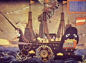Vapeur à roues latérales américain de 1853 peint par un artiste japonais impressionné - Japanese School