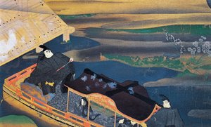 Bateau au clair de lune, par Fujiwara Nobuzane, illustration du Journal de Murasaki Shikibu, civilisation japonaise - Japanese School